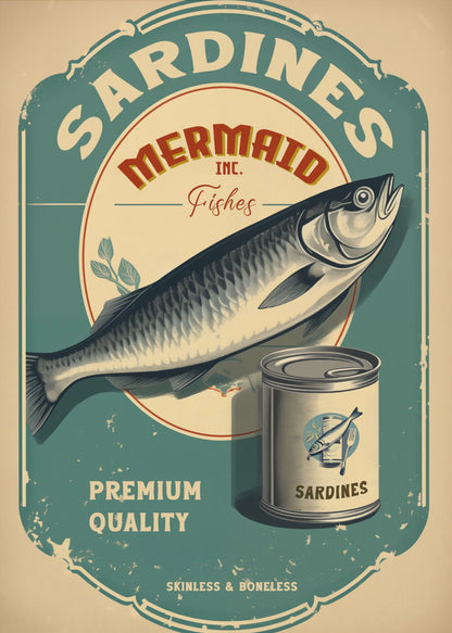 A vintage-style advertisement poster for Mermaid Inc. sardines, featuring a large illustrated sardine on a teal and beige label. The poster includes a can of sardines and text that reads 'Premium Quality' and 'Skinless & Boneless' in a distressed, retro design. Wall Art