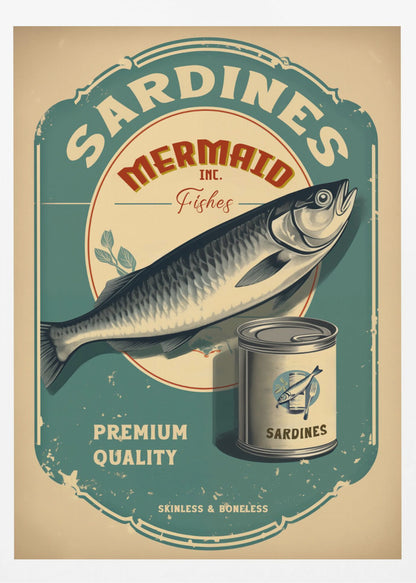 A vintage-style advertisement poster for Mermaid Inc. sardines, featuring a large illustrated sardine on a teal and beige label. The poster includes a can of sardines and text that reads 'Premium Quality' and 'Skinless & Boneless' in a distressed, retro design. Wall Art