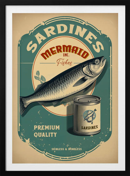 A vintage-style advertisement poster for Mermaid Inc. sardines, featuring a large illustrated sardine on a teal and beige label. The poster includes a can of sardines and text that reads 'Premium Quality' and 'Skinless & Boneless' in a distressed, retro design. Wall Art