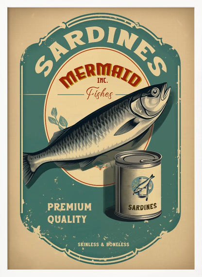 A vintage-style advertisement poster for Mermaid Inc. sardines, featuring a large illustrated sardine on a teal and beige label. The poster includes a can of sardines and text that reads 'Premium Quality' and 'Skinless & Boneless' in a distressed, retro design. Wall Art