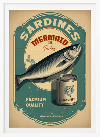 A vintage-style advertisement poster for Mermaid Inc. sardines, featuring a large illustrated sardine on a teal and beige label. The poster includes a can of sardines and text that reads 'Premium Quality' and 'Skinless & Boneless' in a distressed, retro design. Wall Art