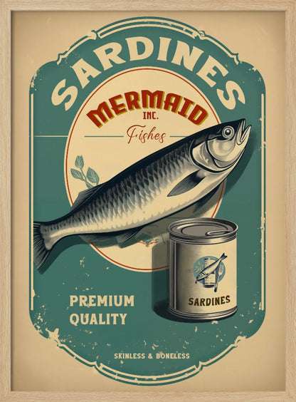 A vintage-style advertisement poster for Mermaid Inc. sardines, featuring a large illustrated sardine on a teal and beige label. The poster includes a can of sardines and text that reads 'Premium Quality' and 'Skinless & Boneless' in a distressed, retro design. Wall Art