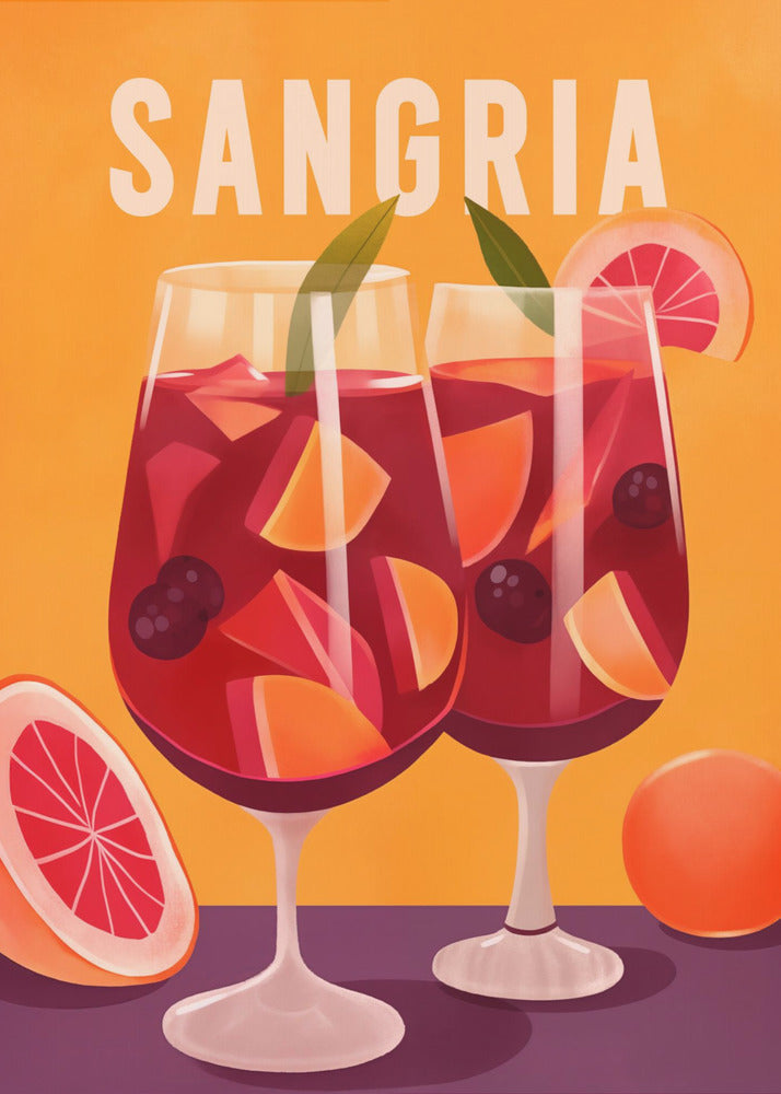 A vintage-style illustrated poster featuring two glasses of red sangria against a vibrant orange background. The glasses are filled with fruit slices, berries, and ice, and the word 'SANGRIA' is printed in large white letters at the top. Poster