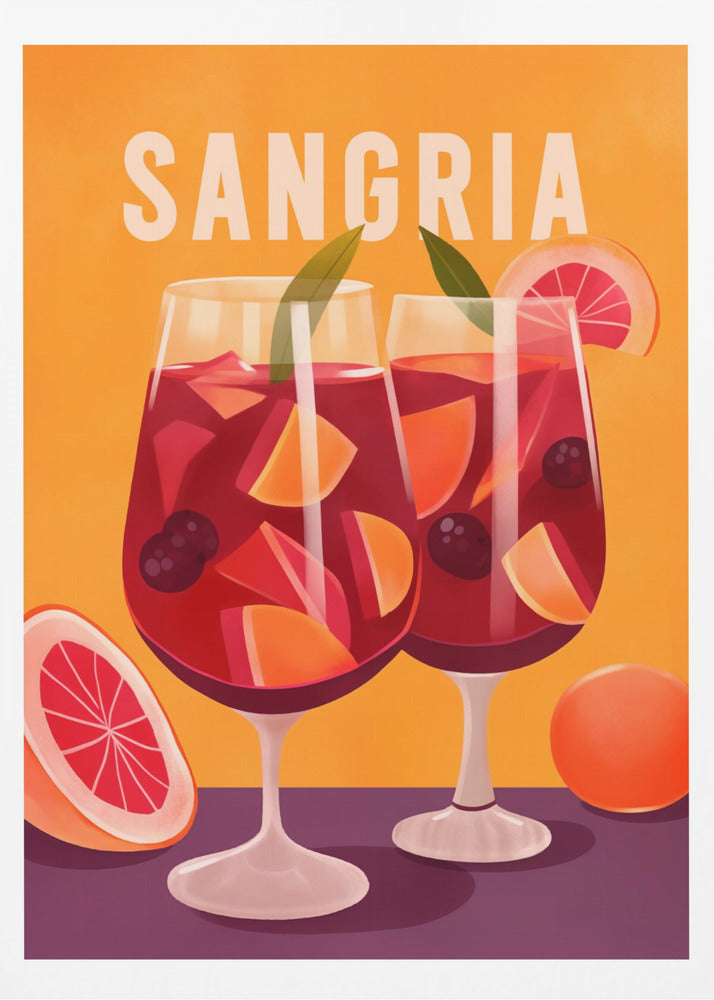 A vintage-style illustrated poster featuring two glasses of red sangria against a vibrant orange background. The glasses are filled with fruit slices, berries, and ice, and the word 'SANGRIA' is printed in large white letters at the top. Poster