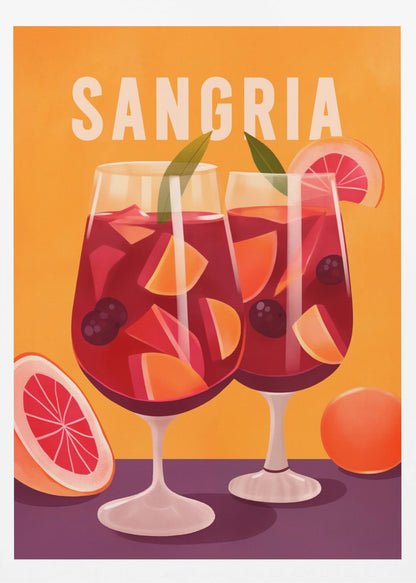 A vintage-style illustrated poster featuring two glasses of red sangria against a vibrant orange background. The glasses are filled with fruit slices, berries, and ice, and the word 'SANGRIA' is printed in large white letters at the top. Poster