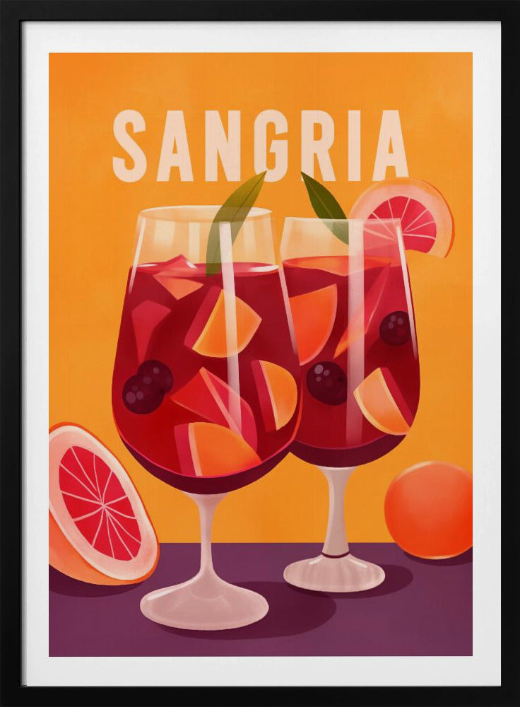 A vintage-style illustrated poster featuring two glasses of red sangria against a vibrant orange background. The glasses are filled with fruit slices, berries, and ice, and the word 'SANGRIA' is printed in large white letters at the top. Poster