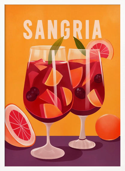 A vintage-style illustrated poster featuring two glasses of red sangria against a vibrant orange background. The glasses are filled with fruit slices, berries, and ice, and the word 'SANGRIA' is printed in large white letters at the top. Poster