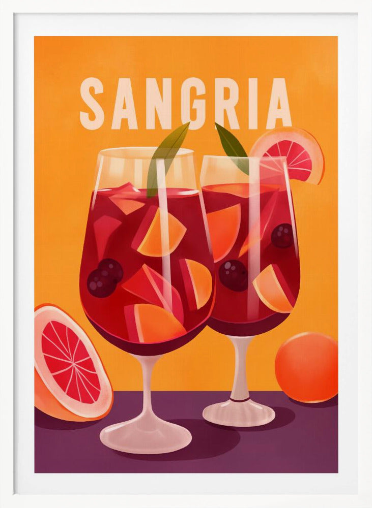 A vintage-style illustrated poster featuring two glasses of red sangria against a vibrant orange background. The glasses are filled with fruit slices, berries, and ice, and the word 'SANGRIA' is printed in large white letters at the top. Poster