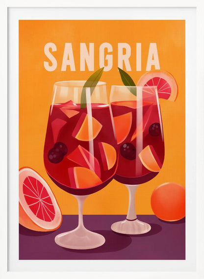 A vintage-style illustrated poster featuring two glasses of red sangria against a vibrant orange background. The glasses are filled with fruit slices, berries, and ice, and the word 'SANGRIA' is printed in large white letters at the top. Poster