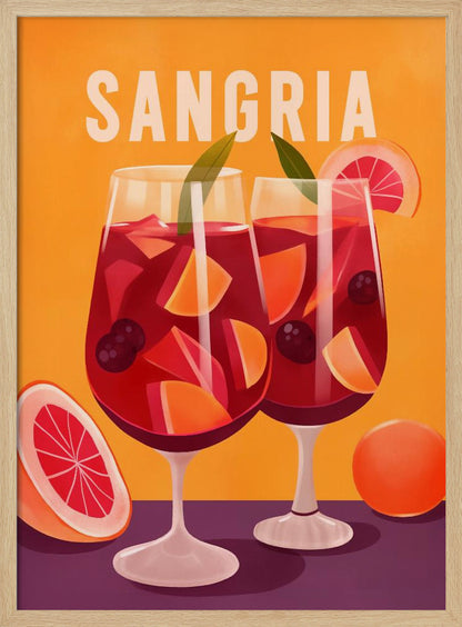A vintage-style illustrated poster featuring two glasses of red sangria against a vibrant orange background. The glasses are filled with fruit slices, berries, and ice, and the word 'SANGRIA' is printed in large white letters at the top. Poster