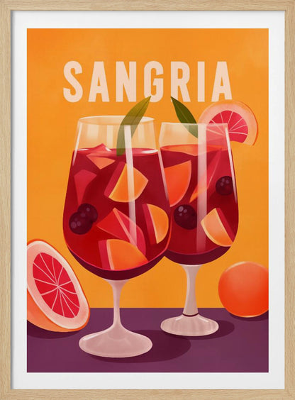 A vintage-style illustrated poster featuring two glasses of red sangria against a vibrant orange background. The glasses are filled with fruit slices, berries, and ice, and the word 'SANGRIA' is printed in large white letters at the top. Poster