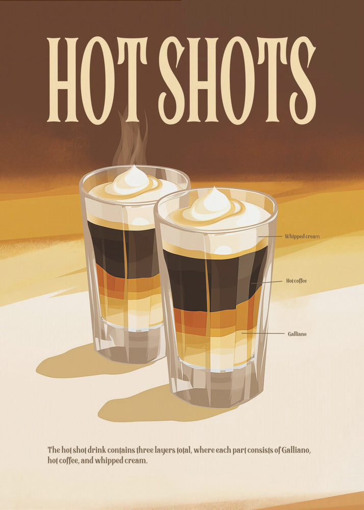 A vintage-style poster for a drink called 'Hot Shots'. The poster illustrates two layered drinks in shot glasses with labels for each layer: Galliano, hot coffee, and whipped cream. The design has a retro aesthetic with a warm brown and cream color palette. Wall Art