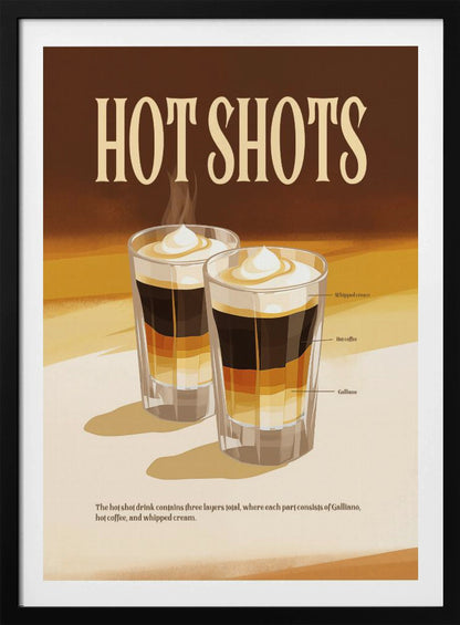 A vintage-style poster for a drink called 'Hot Shots'. The poster illustrates two layered drinks in shot glasses with labels for each layer: Galliano, hot coffee, and whipped cream. The design has a retro aesthetic with a warm brown and cream color palette. Wall Art