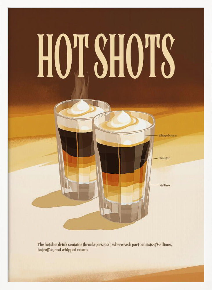 A vintage-style poster for a drink called 'Hot Shots'. The poster illustrates two layered drinks in shot glasses with labels for each layer: Galliano, hot coffee, and whipped cream. The design has a retro aesthetic with a warm brown and cream color palette. Wall Art