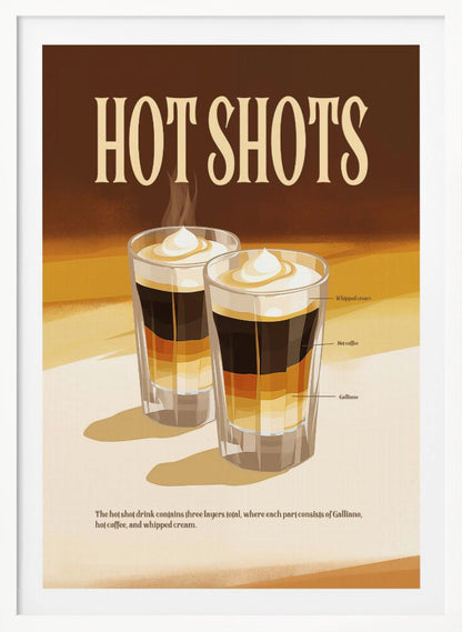 A vintage-style poster for a drink called 'Hot Shots'. The poster illustrates two layered drinks in shot glasses with labels for each layer: Galliano, hot coffee, and whipped cream. The design has a retro aesthetic with a warm brown and cream color palette. Wall Art