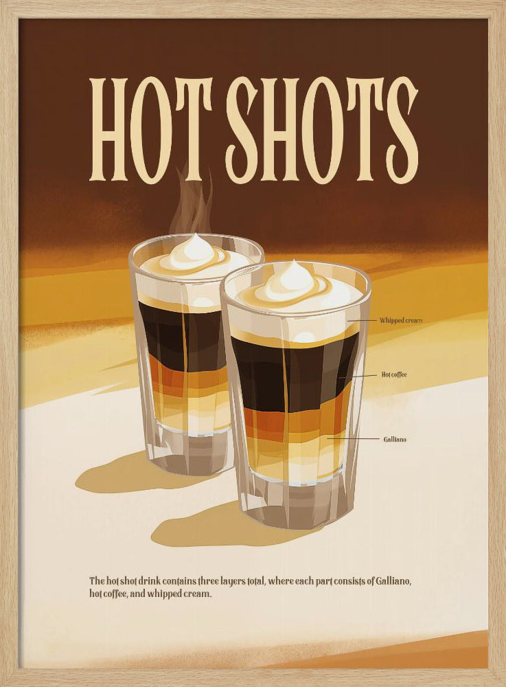 A vintage-style poster for a drink called 'Hot Shots'. The poster illustrates two layered drinks in shot glasses with labels for each layer: Galliano, hot coffee, and whipped cream. The design has a retro aesthetic with a warm brown and cream color palette. Wall Art