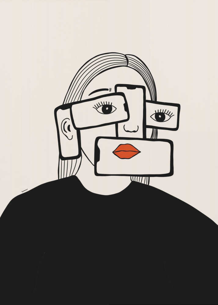 A minimalist line art illustration of a woman in a black shirt against an off-white background. Her face is obscured by several overlapping smartphones, which display her eyes and bright red lips on their screens, creating a surreal and conceptual portrait about technology and identity. Artwork