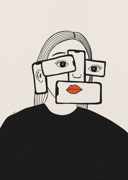 A minimalist line art illustration of a woman in a black shirt against an off-white background. Her face is obscured by several overlapping smartphones, which display her eyes and bright red lips on their screens, creating a surreal and conceptual portrait about technology and identity. Artwork