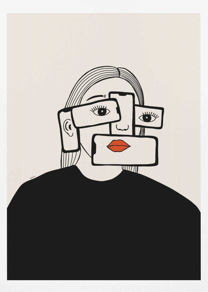 A minimalist line art illustration of a woman in a black shirt against an off-white background. Her face is obscured by several overlapping smartphones, which display her eyes and bright red lips on their screens, creating a surreal and conceptual portrait about technology and identity. Artwork
