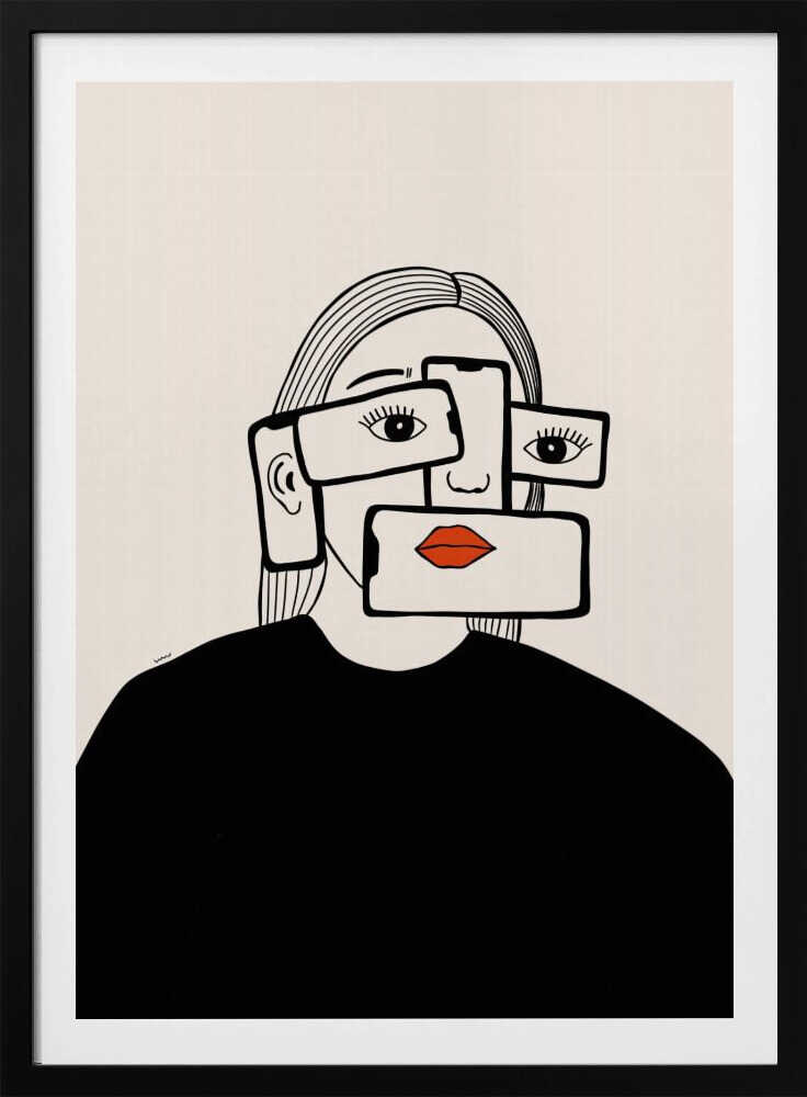A minimalist line art illustration of a woman in a black shirt against an off-white background. Her face is obscured by several overlapping smartphones, which display her eyes and bright red lips on their screens, creating a surreal and conceptual portrait about technology and identity. Artwork