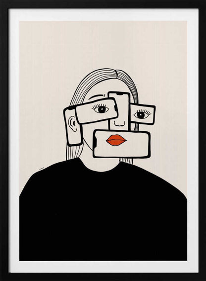 A minimalist line art illustration of a woman in a black shirt against an off-white background. Her face is obscured by several overlapping smartphones, which display her eyes and bright red lips on their screens, creating a surreal and conceptual portrait about technology and identity. Artwork