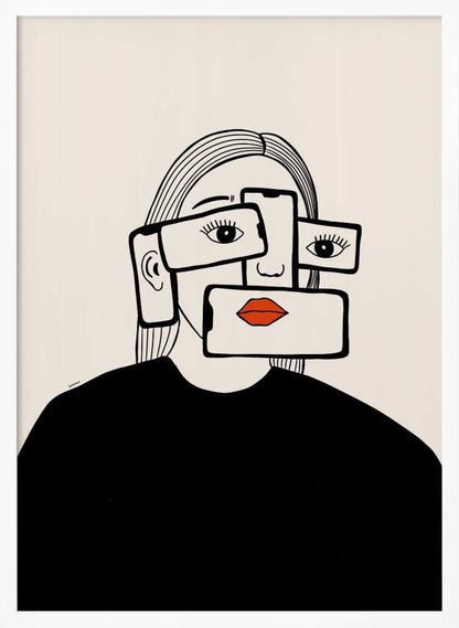A minimalist line art illustration of a woman in a black shirt against an off-white background. Her face is obscured by several overlapping smartphones, which display her eyes and bright red lips on their screens, creating a surreal and conceptual portrait about technology and identity. Artwork