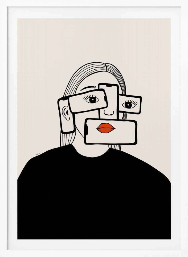 A minimalist line art illustration of a woman in a black shirt against an off-white background. Her face is obscured by several overlapping smartphones, which display her eyes and bright red lips on their screens, creating a surreal and conceptual portrait about technology and identity. Artwork