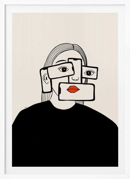 A minimalist line art illustration of a woman in a black shirt against an off-white background. Her face is obscured by several overlapping smartphones, which display her eyes and bright red lips on their screens, creating a surreal and conceptual portrait about technology and identity. Artwork