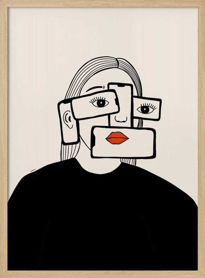 A minimalist line art illustration of a woman in a black shirt against an off-white background. Her face is obscured by several overlapping smartphones, which display her eyes and bright red lips on their screens, creating a surreal and conceptual portrait about technology and identity. Artwork