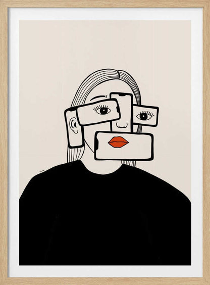 A minimalist line art illustration of a woman in a black shirt against an off-white background. Her face is obscured by several overlapping smartphones, which display her eyes and bright red lips on their screens, creating a surreal and conceptual portrait about technology and identity. Artwork