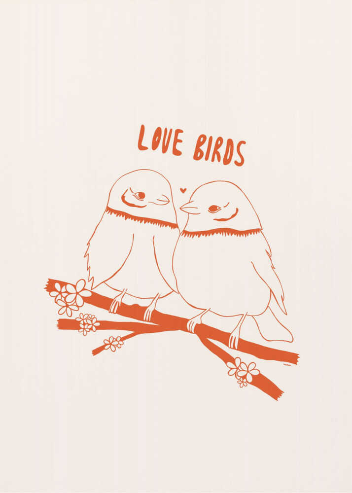 A framed art print featuring a minimalist, reddish-orange illustration on a cream background. Two cartoonish, plump birds sit close together on a flowering branch, looking at each other affectionately. Above them, the text 'LOVE BIRDS' is written in a playful, rounded font. Decor