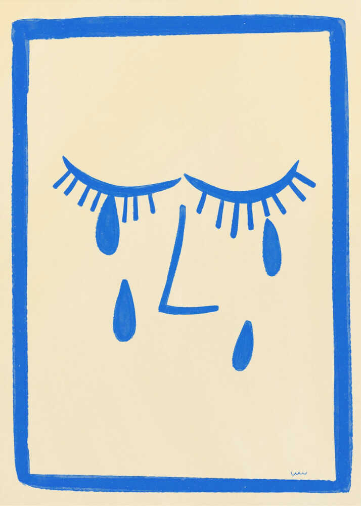 A minimalist framed illustration of a crying face. Bold blue lines on a cream background depict two closed eyes with long lashes, an L-shaped nose, and three large teardrops. The artwork is contained within a thick, hand-drawn blue border. Wall Art