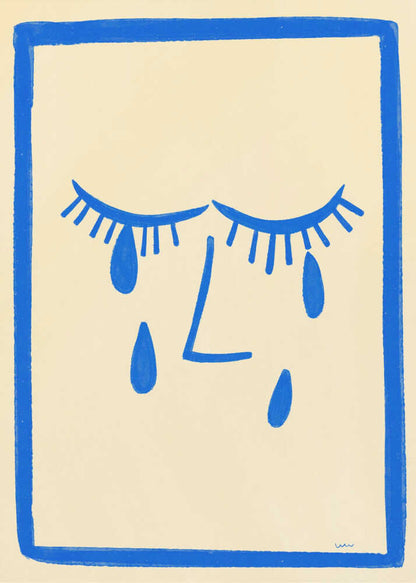 A minimalist framed illustration of a crying face. Bold blue lines on a cream background depict two closed eyes with long lashes, an L-shaped nose, and three large teardrops. The artwork is contained within a thick, hand-drawn blue border. Wall Art