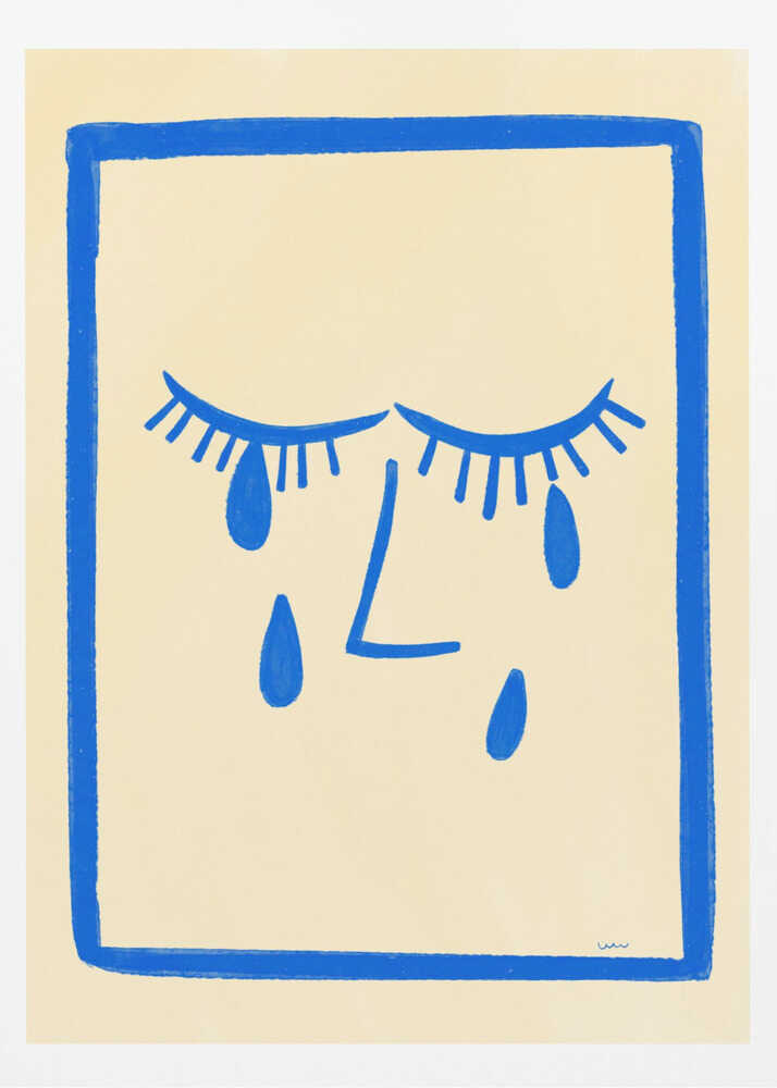 A minimalist framed illustration of a crying face. Bold blue lines on a cream background depict two closed eyes with long lashes, an L-shaped nose, and three large teardrops. The artwork is contained within a thick, hand-drawn blue border. Wall Art