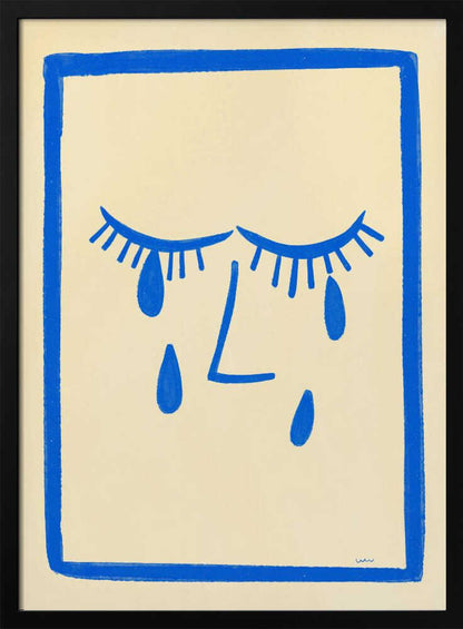 A minimalist framed illustration of a crying face. Bold blue lines on a cream background depict two closed eyes with long lashes, an L-shaped nose, and three large teardrops. The artwork is contained within a thick, hand-drawn blue border. Wall Art