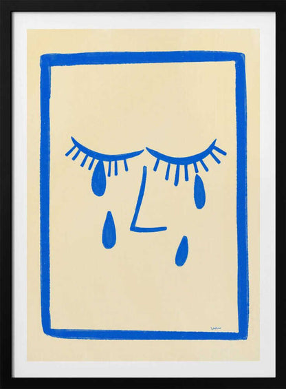 A minimalist framed illustration of a crying face. Bold blue lines on a cream background depict two closed eyes with long lashes, an L-shaped nose, and three large teardrops. The artwork is contained within a thick, hand-drawn blue border. Wall Art
