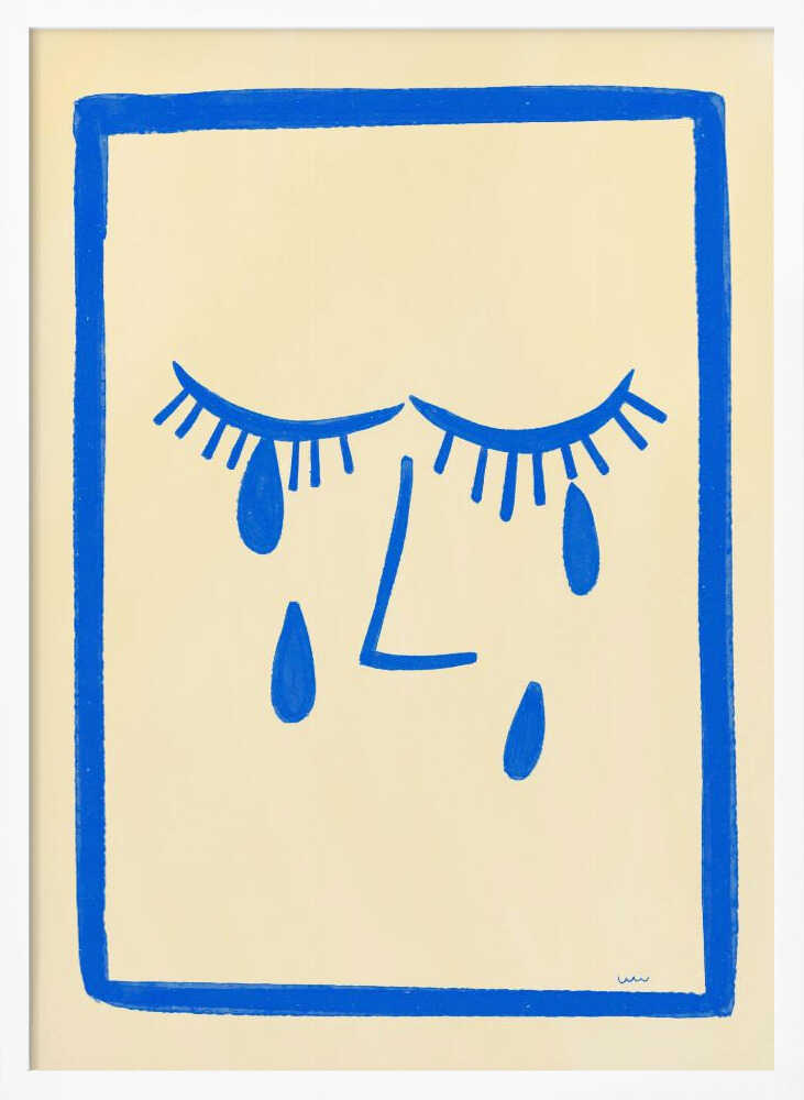 A minimalist framed illustration of a crying face. Bold blue lines on a cream background depict two closed eyes with long lashes, an L-shaped nose, and three large teardrops. The artwork is contained within a thick, hand-drawn blue border. Wall Art