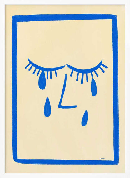 A minimalist framed illustration of a crying face. Bold blue lines on a cream background depict two closed eyes with long lashes, an L-shaped nose, and three large teardrops. The artwork is contained within a thick, hand-drawn blue border. Wall Art