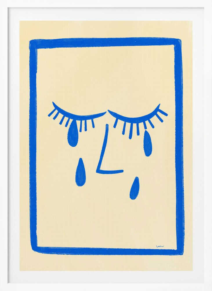 A minimalist framed illustration of a crying face. Bold blue lines on a cream background depict two closed eyes with long lashes, an L-shaped nose, and three large teardrops. The artwork is contained within a thick, hand-drawn blue border. Wall Art