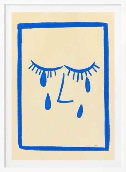 A minimalist framed illustration of a crying face. Bold blue lines on a cream background depict two closed eyes with long lashes, an L-shaped nose, and three large teardrops. The artwork is contained within a thick, hand-drawn blue border. Wall Art
