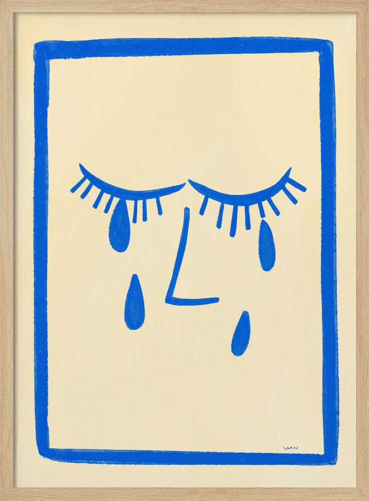 A minimalist framed illustration of a crying face. Bold blue lines on a cream background depict two closed eyes with long lashes, an L-shaped nose, and three large teardrops. The artwork is contained within a thick, hand-drawn blue border. Wall Art