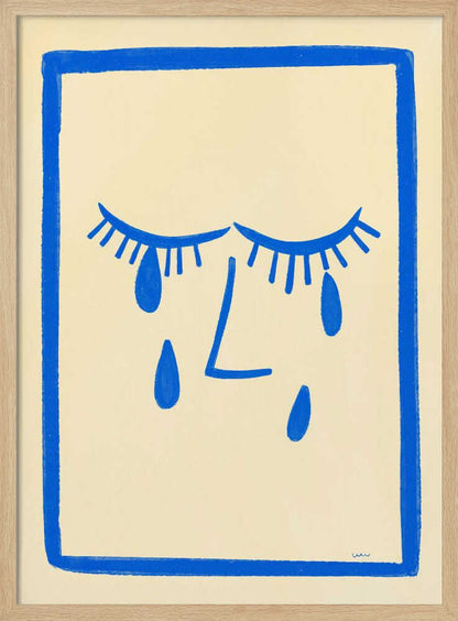A minimalist framed illustration of a crying face. Bold blue lines on a cream background depict two closed eyes with long lashes, an L-shaped nose, and three large teardrops. The artwork is contained within a thick, hand-drawn blue border. Wall Art