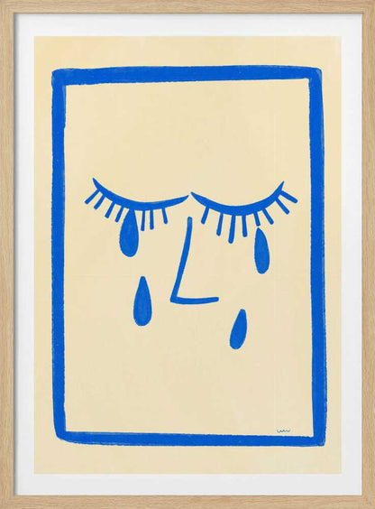 A minimalist framed illustration of a crying face. Bold blue lines on a cream background depict two closed eyes with long lashes, an L-shaped nose, and three large teardrops. The artwork is contained within a thick, hand-drawn blue border. Wall Art