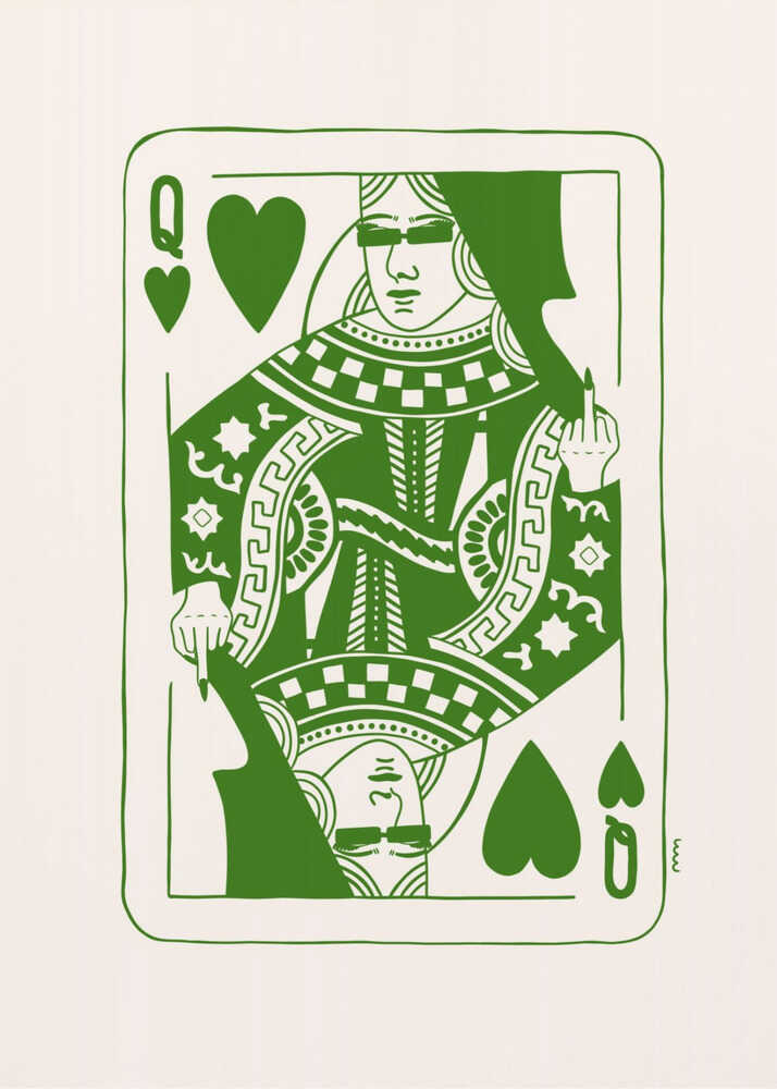 A framed art print of a stylized Queen of Hearts playing card. The design is rendered in bold green lines on an off-white background. The queen has her eyes covered and is defiantly giving the middle finger. Print