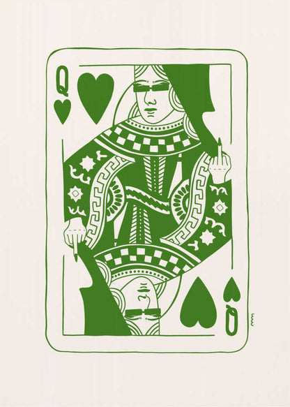 A framed art print of a stylized Queen of Hearts playing card. The design is rendered in bold green lines on an off-white background. The queen has her eyes covered and is defiantly giving the middle finger. Print