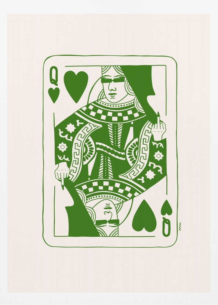 A framed art print of a stylized Queen of Hearts playing card. The design is rendered in bold green lines on an off-white background. The queen has her eyes covered and is defiantly giving the middle finger. Print