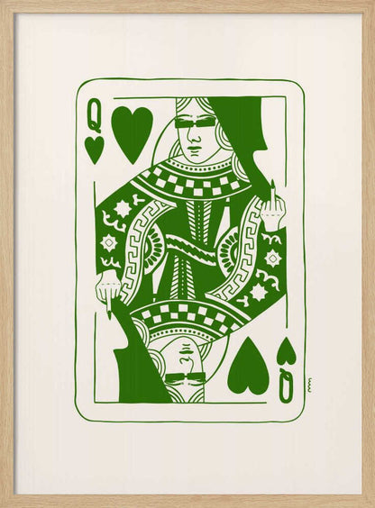 A framed art print of a stylized Queen of Hearts playing card. The design is rendered in bold green lines on an off-white background. The queen has her eyes covered and is defiantly giving the middle finger. Print
