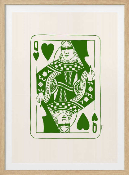 A framed art print of a stylized Queen of Hearts playing card. The design is rendered in bold green lines on an off-white background. The queen has her eyes covered and is defiantly giving the middle finger. Print