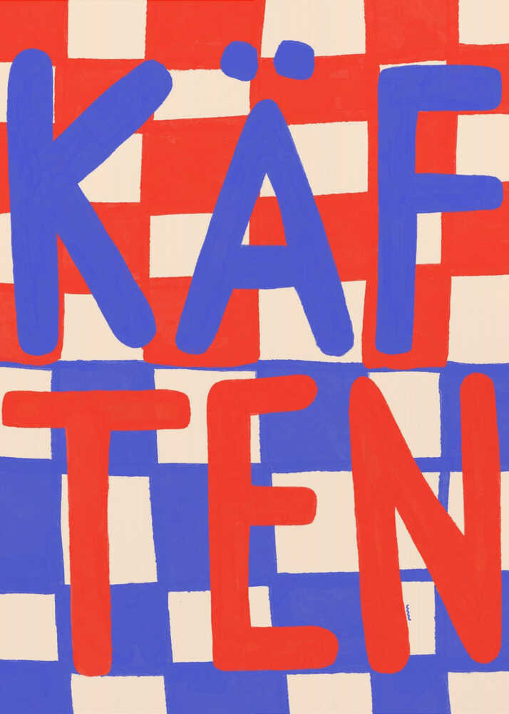 A bold graphic art print featuring the word 'KÄFTEN' split into two lines against a checkerboard background. The top line 'KÄF' is in blue text over a red and cream checker pattern. The bottom line 'TEN' is in red text over a blue and cream checker pattern. The style is playful and hand-painted, enclosed in a thin black frame. Wall Art