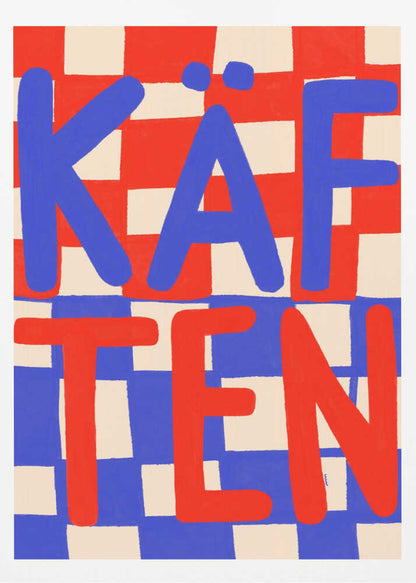 A bold graphic art print featuring the word 'KÄFTEN' split into two lines against a checkerboard background. The top line 'KÄF' is in blue text over a red and cream checker pattern. The bottom line 'TEN' is in red text over a blue and cream checker pattern. The style is playful and hand-painted, enclosed in a thin black frame. Wall Art
